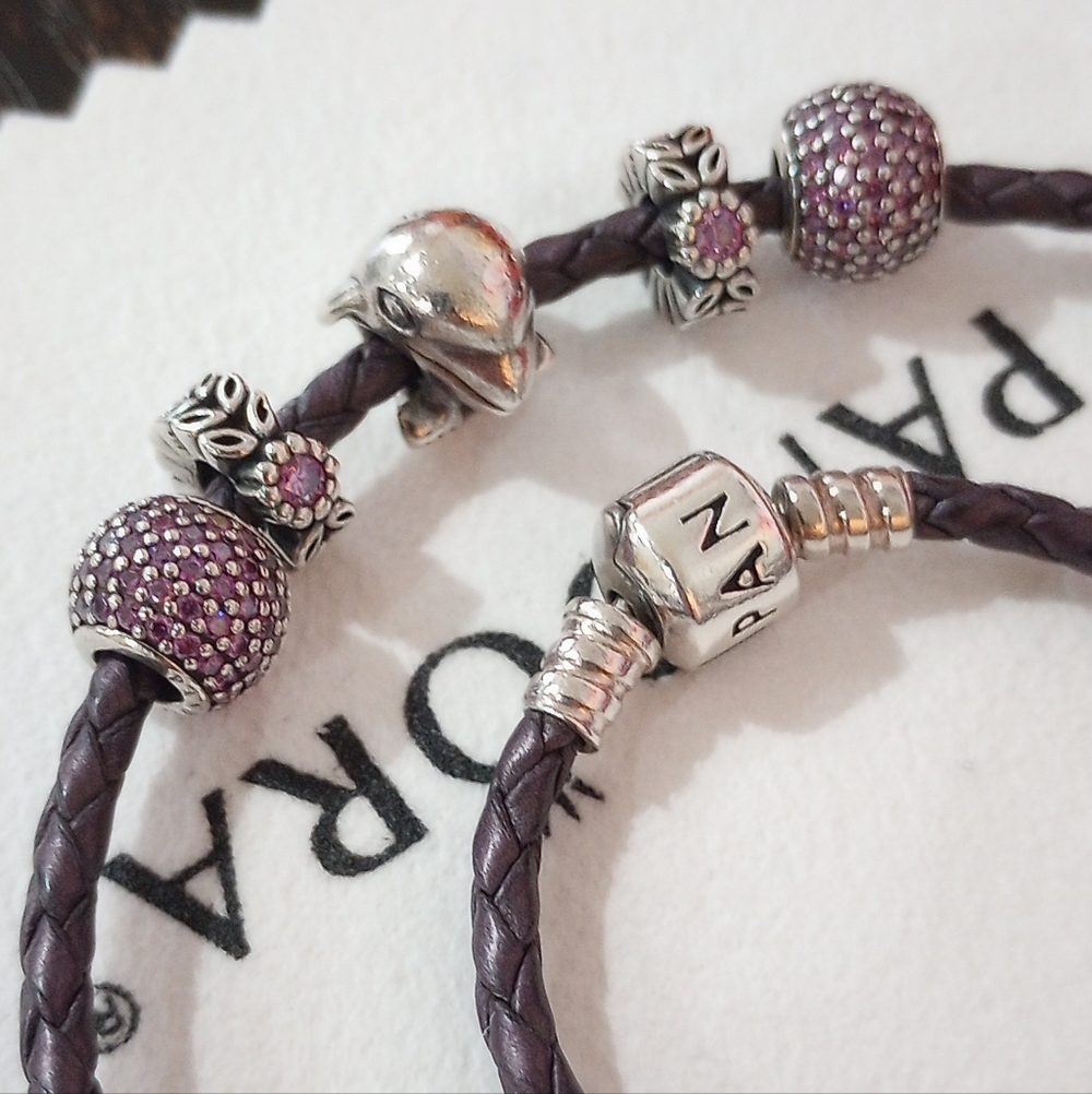 Pandora Purple Braided Bracelet with Five Authentic Pandora Charms - Picture 3 of 5